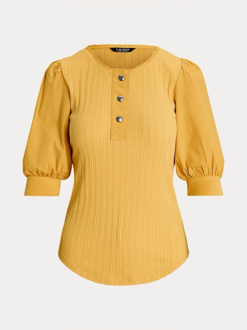 Lauren Ralph Lauren Yellow Gold Pointelle Puff-Sleeve Henley Top Size Large